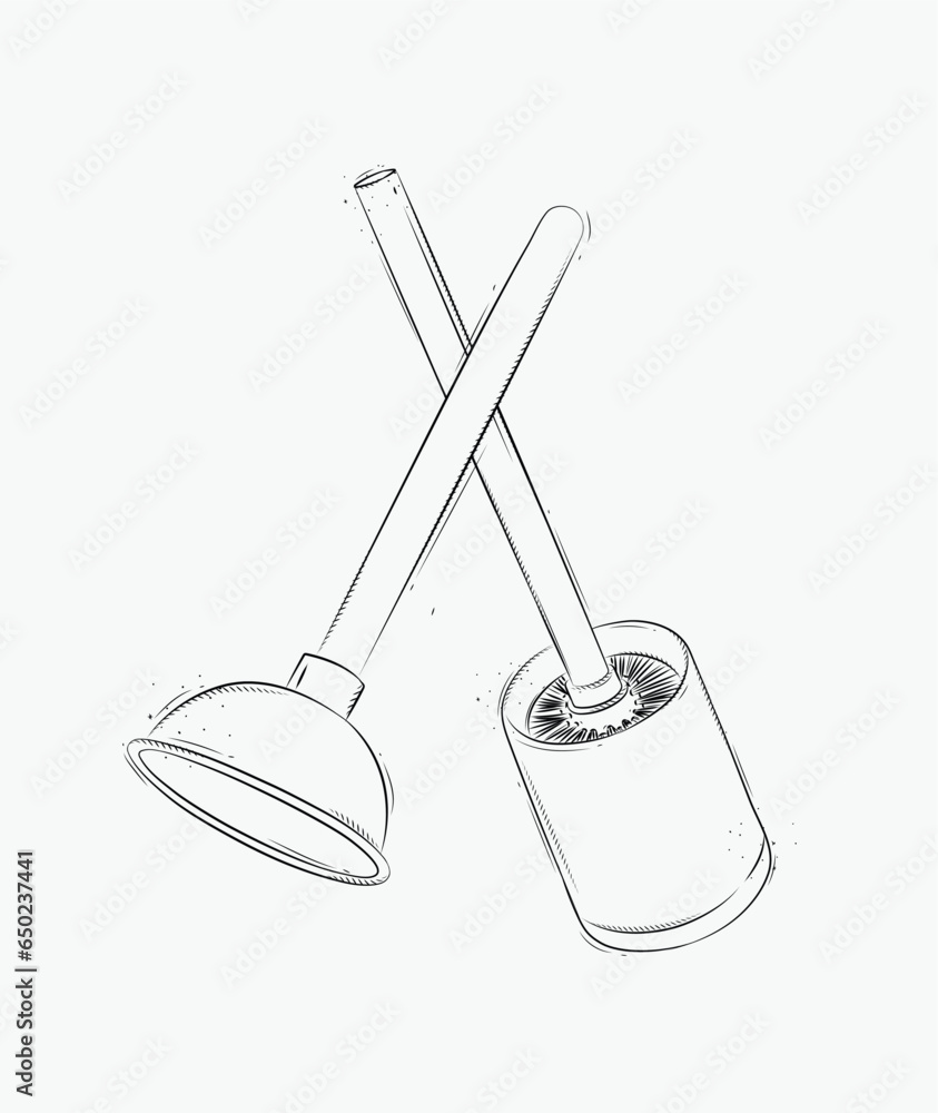 Cleaning tools toilet brush and plunger drawing in graphic style on white background