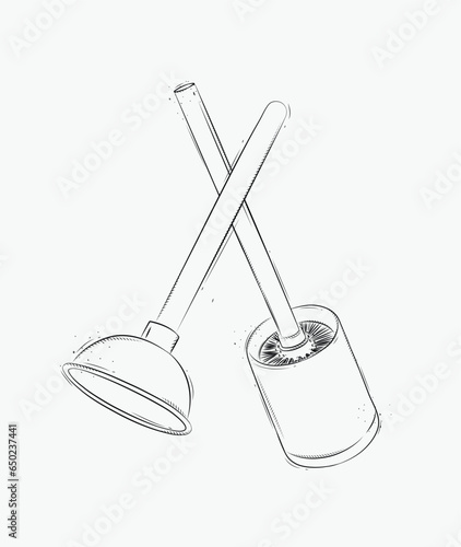 Obraz na płótnie Cleaning tools toilet brush and plunger drawing in graphic style on white background w salonie