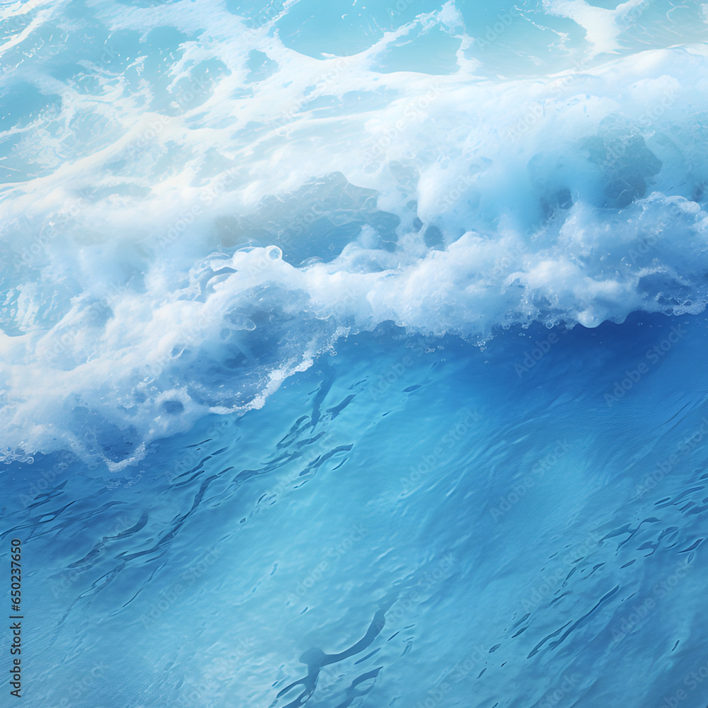 Blue transparent water wave on sunny sand texture from above, abstract sand beach background concept for idyllic beach vacation resort or beauty spa.  Generative AI.
