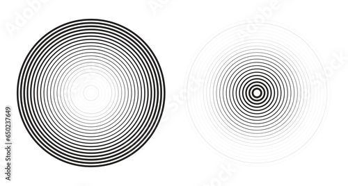 black line concentric ripple circles set. Sonar or sound wave rings collection. Epicentre, target, radar icon concept. Radial signal or vibration elements. Vector 10 eps.