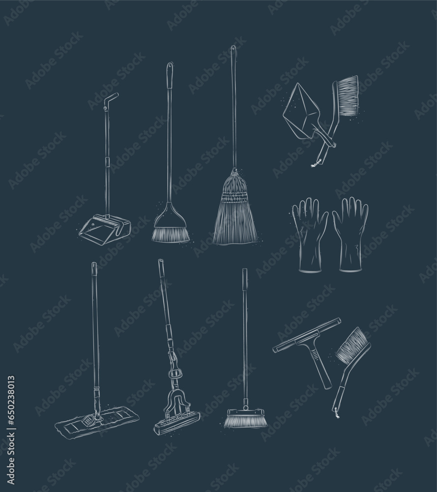 Floor cleaning tools accessories broom, dustpan, mop, gloves, scraper, brush drawing in graphic style on blue background