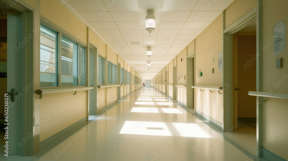 An empty modern hospital corridor