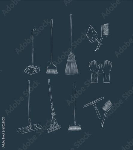 Obraz na płótnie Floor cleaning tools accessories broom, dustpan, mop, gloves, scraper, brush drawing in graphic style on blue background w salonie
