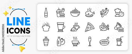 Croissant, Beer bottle and Vegetable line icons set for app include Chef, Fitness water, Pizza outline thin icon. Cooking hat, Burger, Champagne glass pictogram icon. Fast food. Vector
