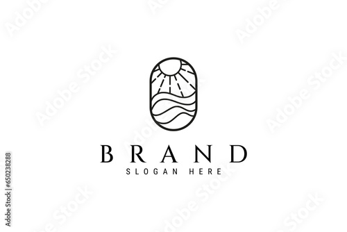 summer seascape illustration logo design with ocean waves and sun