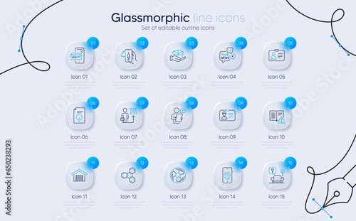 Set of Parking garage, Hold box and Lounge line icons for web app. Fake news, Identification card, Customer survey icons. Leadership, Chemical formula, Air fan signs. Online shopping. Vector