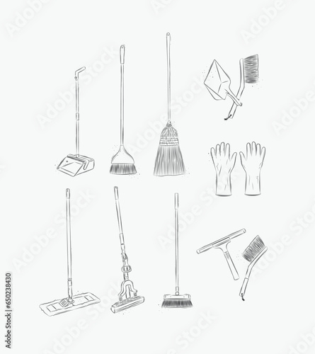 Obraz na płótnie Floor cleaning tools accessories broom, dustpan, mop, gloves, scraper, brush drawing in graphic style on white background w salonie