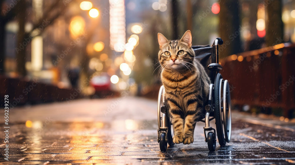 A happy cat with disabled legs uses a wheelchair to walk around the street A happy cat with disabled legs uses a wheelchair to walk around the street
