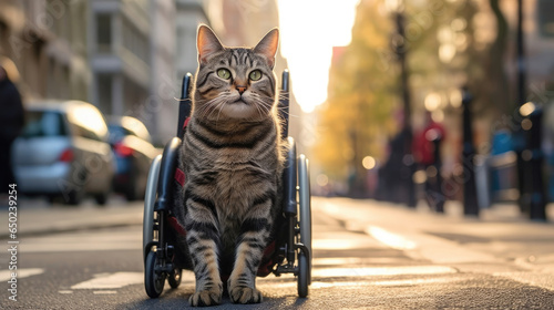A happy cat with disabled legs uses a wheelchair to walk around the street photo