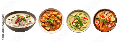 Set of Thai food Green curry chicken,Chicken Massaman Curry,Tom yum kung and Thai chicken coconut soup or Tom kha gai isolated on transparent background. Generative Ai