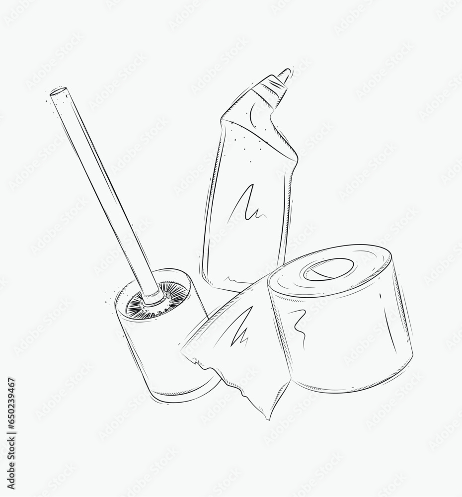 Toilet cleaning accessories cleaner, paper, brush drawing in graphic style on white background