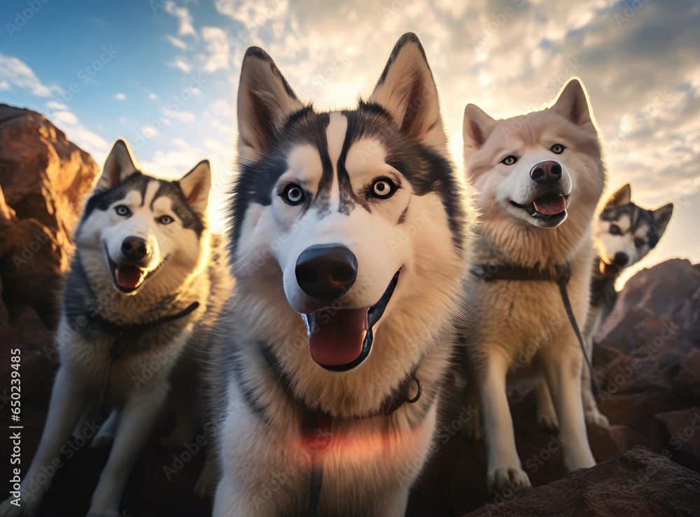 A group of Siberian huskies