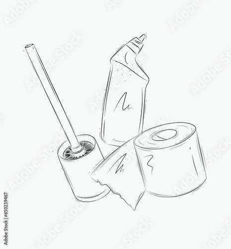 Toilet cleaning accessories cleaner, paper, brush drawing in graphic style on white background