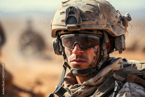 Close-up portrait of soldier in helmet and gear on combat mission photo