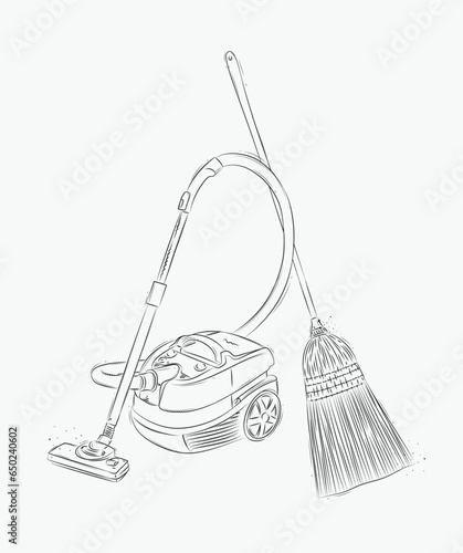 Obraz na płótnie Vacuum cleaner and broom drawing in graphic style on white background w salonie