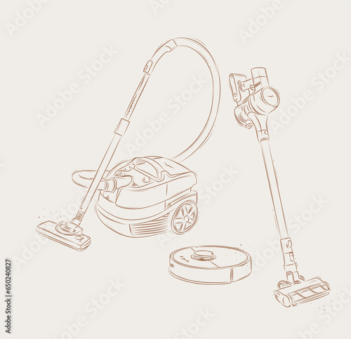 Obraz na płótnie Vacuum cleaner types regular, cordless, robot drawing in graphic style on beige background w salonie
