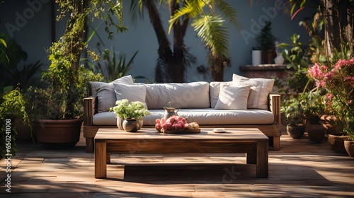 Classic sitting lounge and wooden table in house backyard 