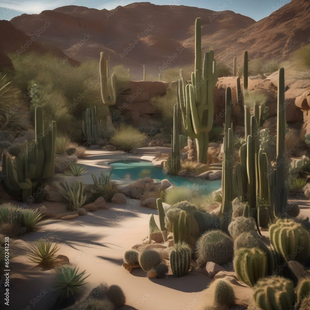 A desert oasis surrounded by cacti that have evolved to resemble intricate, living sculptures4
