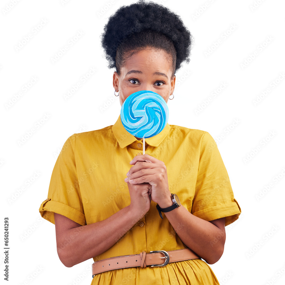 Isolated African woman, lollipop and portrait with sugar snack for eating by transparent png background. Girl, student and blue sweets for candy addiction, bad diet or nutrition choice to cover mouth Isolated African woman, lollipop and portrait with sugar snack for eating by transparent png background. Girl, student and blue sweets for candy addiction, bad diet or nutrition choice to cover mouth
