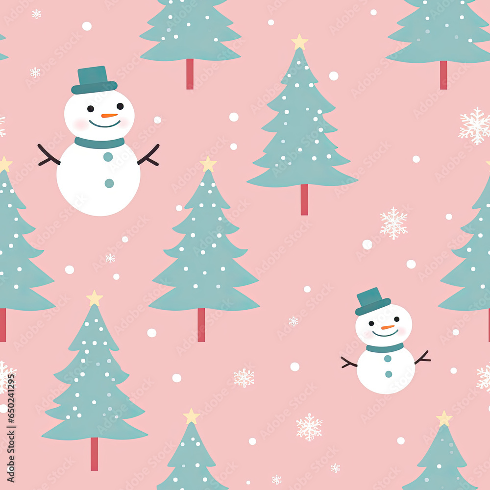 Snowman seamless repeating background in pink color tones. Flat artwork