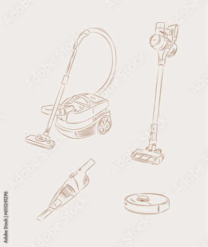 Obraz na płótnie Vacuum cleaner set regular, cordless, robot, portable drawing in graphic style on beige background w salonie