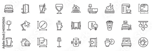 Icons pack as Mattress  Floor plan and Bed line icons for app include Entrance  Teacup  Table lamp outline thin icon web set. Furniture moving  Ceiling lamp  Terrace pictogram. Vector
