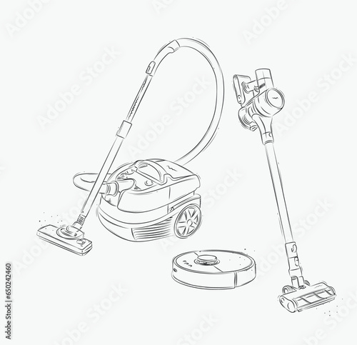 Obraz na płótnie Vacuum cleaner types regular, cordless, robot drawing in graphic style on white background w salonie