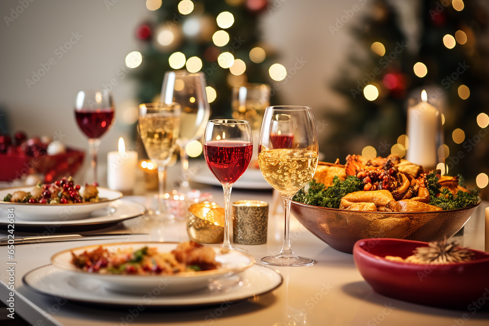 Fototapeta premium Christmas themed dinner table with variaty of delisious dishes