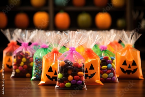 This photo showcases Halloween candies on a wooden table with selective focus.

 Generative AI