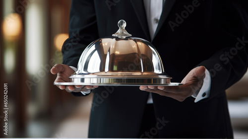 Hotel Waiter about to Lift the Cloche and Serve Food for Breakfast - Room Service