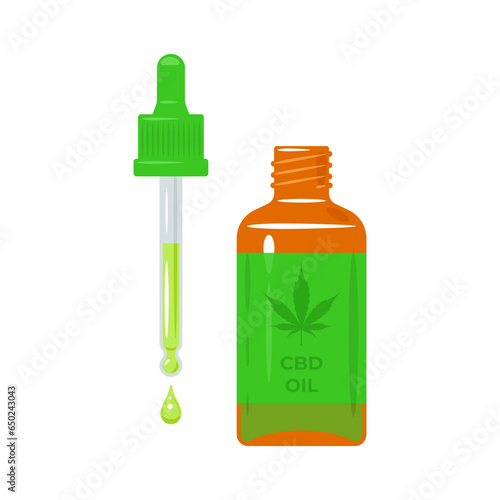 Hemp oil in a bottle with pipette. CBD oil cannabis extract. Medical marijuana. Vector illustration on white background.