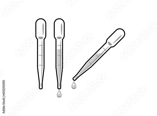 A set of disposable plastic pipettes. Black and white vector illustration on a white background.