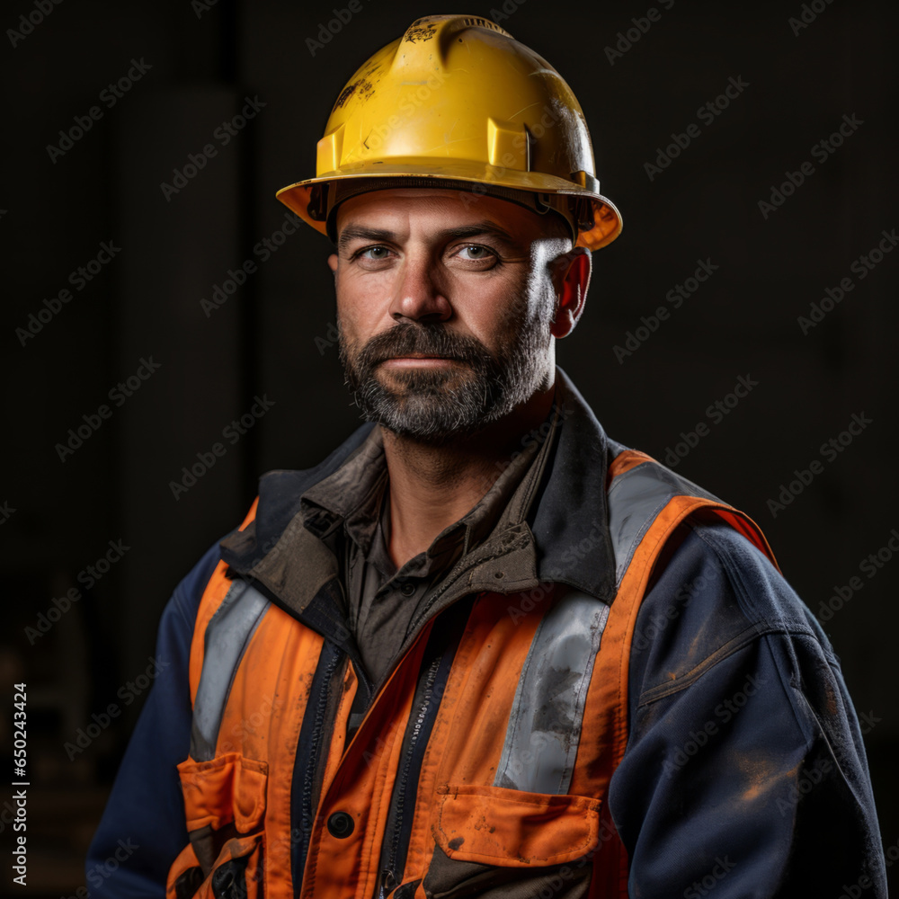 Studio portrait of construction worker against black backdrop..Construction concept. Studio portrait of construction worker against black backdrop..Construction concept.