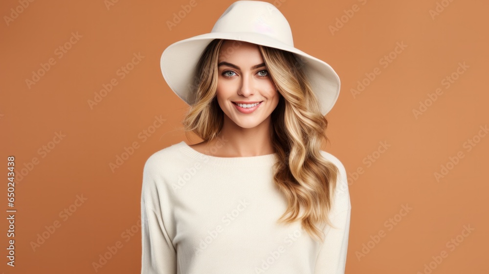 Young attractive smiling blond woman in white shirt and brim hat looking in camera. Young attractive smiling blond woman in white shirt and brim hat looking in camera.