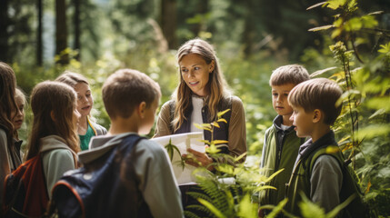 Woman teacher with kids from her class exploring nature and lush forest in a field trip or school trip