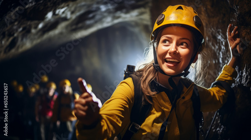 Young woman guiding a group of tourists on an underground cave exploration , speleology or caving concept