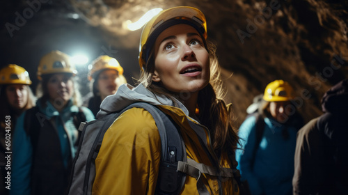 Young woman guiding a group of tourists on an underground cave exploration , speleology or caving concept photo