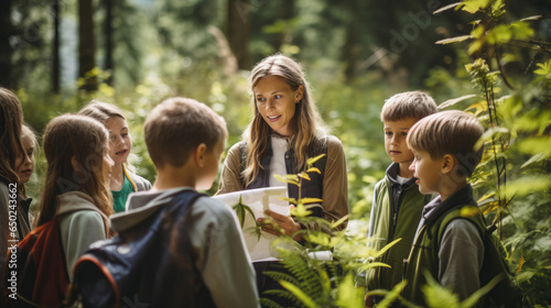 Woman teacher with kids from her class exploring nature and lush forest in a field trip or school trip photo
