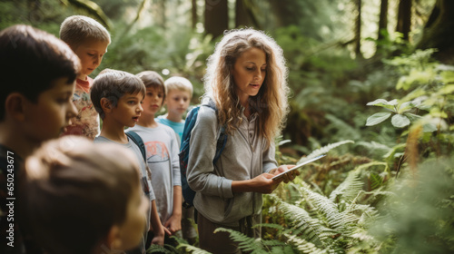 Woman teacher with kids from her class exploring nature and lush forest in a field trip or school trip