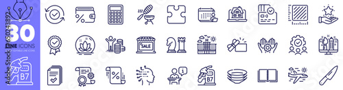 Accounting, Card and Realtor line icons pack. Employee hand, Loan percent, Book web icon. Savings tax, Tested stamp, Diesel station pictogram. Opened gift, Security confirmed, Loyalty program. Vector