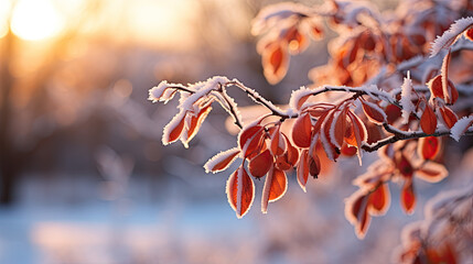 Frozen red leaves from a tree in winter