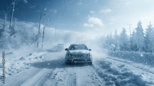 A car drives on a completely snow-covered road in winter © jr-art