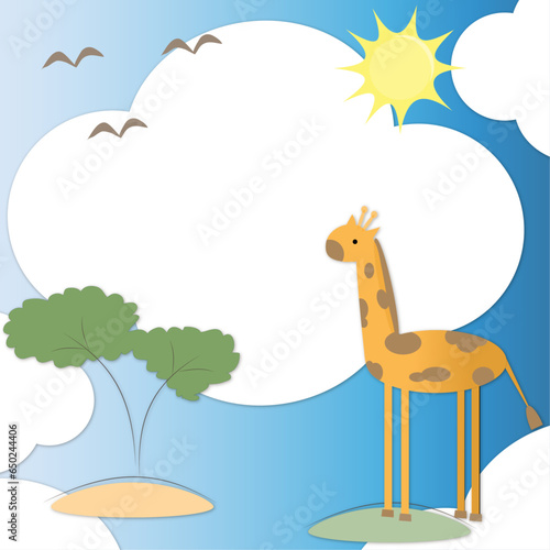 Greeting or Invitation Card for a children's party with a giraffe, clouds, tree, sun, and birds. Vector illustration