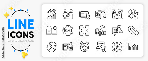 Puzzle, Certificate and Discrimination line icons set for app include Currency exchange, Change money, Money diagram outline thin icon. Cyber attack, Manual, Social media pictogram icon. Vector