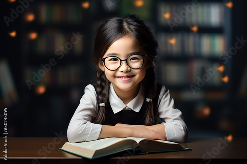 Triumphant Scholar Asian Schoolgirl Embracing Education Success with Glasses, Joyful Learning Concept. created with Generative AI © photobuay