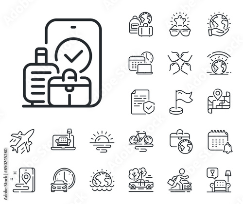 Travel handbag sign. Plane jet, travel map and baggage claim outline icons. Carry-on baggage line icon. Allowed luggage bag symbol. Carry-on baggage line sign. Car rental, taxi transport icon. Vector
