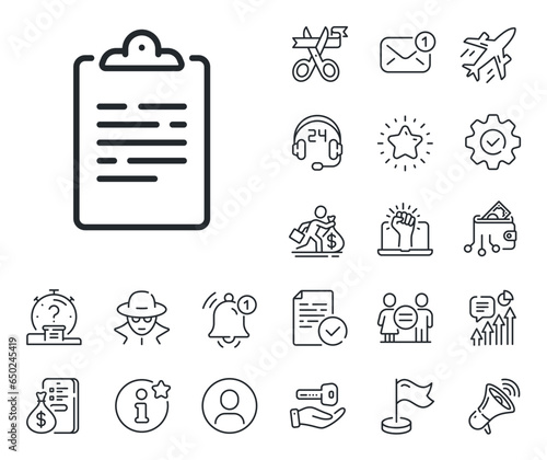 Agreement file sign. Salaryman, gender equality and alert bell outline icons. Clipboard document line icon. Survey record symbol. Clipboard line sign. Spy or profile placeholder icon. Vector