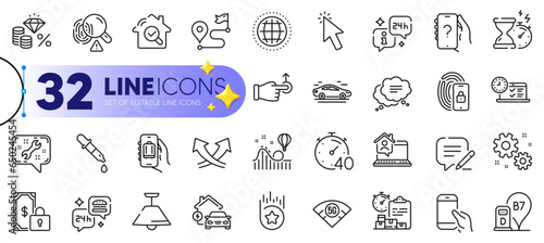 Outline set of Baggage app, Car and Timer line icons for web with Loyalty star, 5g wifi, Text message thin icon. Write, Globe, Intersection arrows pictogram icon. Online test, Info. Vector