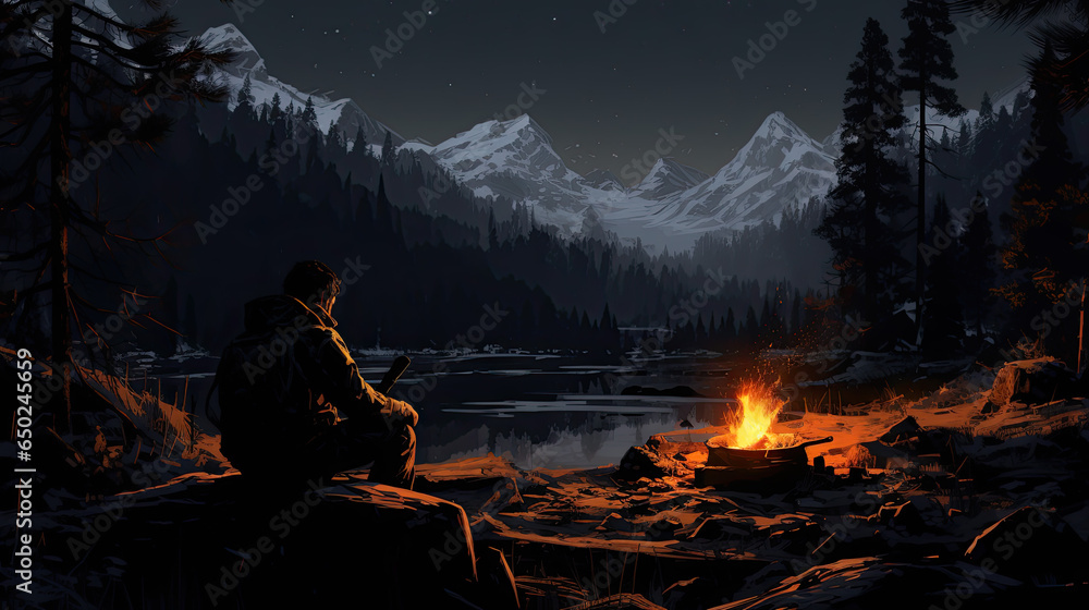A man bivouacks outside in winter and sits in front of a campfire - obrazy, fototapety, plakaty 