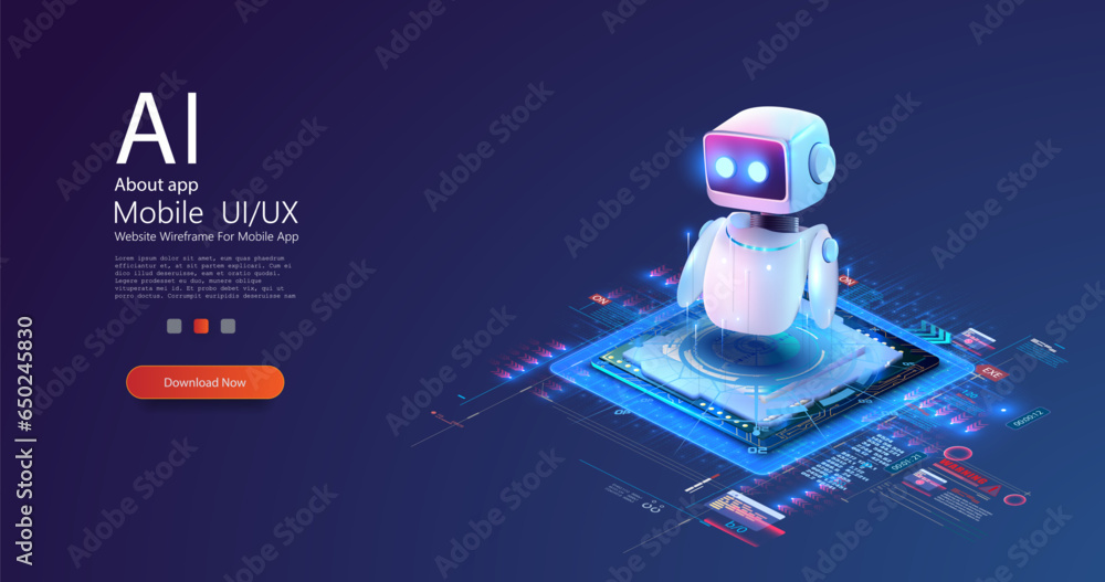 Isometric robotic on processor chip. 3D Robot chatbot, AI in science and business. Futuristic microchip processor with lights on the blue background. Quantum computer. Vector illustration - obrazy, fototapety, plakaty 